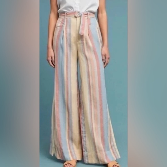 Anthropologie Beachy Wide Leg Soft Neutral Linen Coastal Striped Pants 10 Petite - Picture 4 of 8